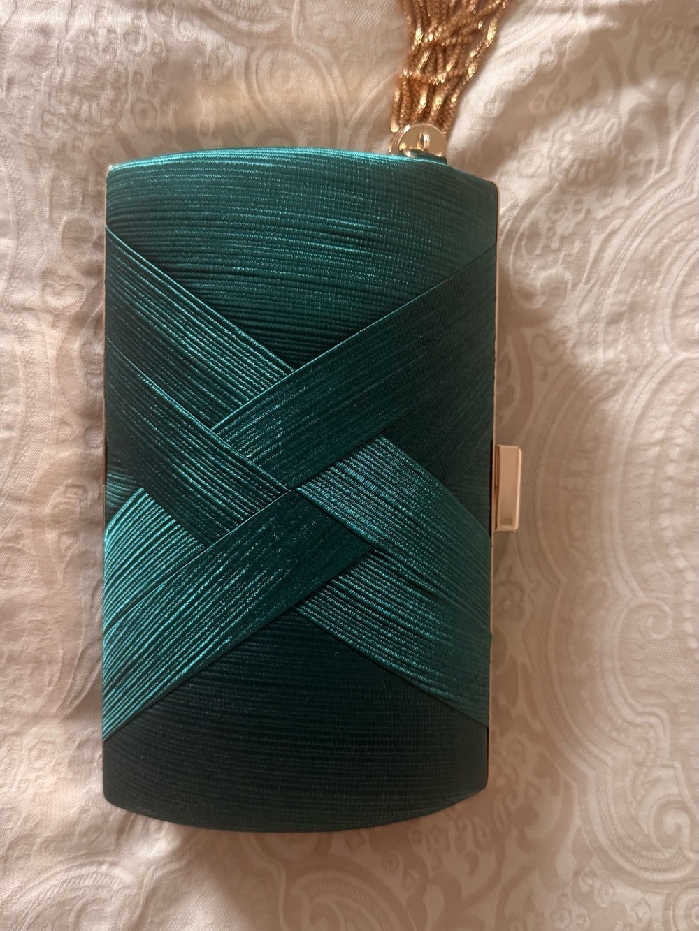 Teal Satin Woven Clutch with Gold Chain